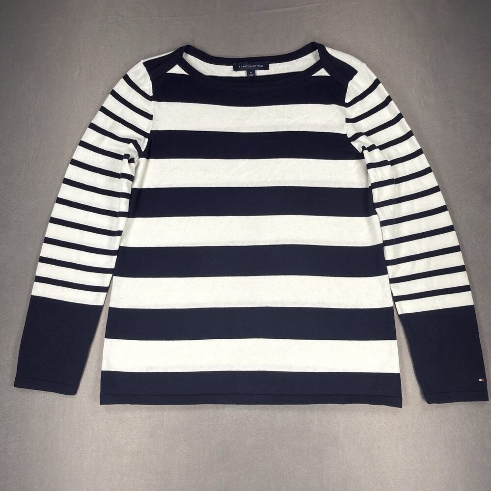 Tommy Hilfinger Women’s Cotton Blue White Stripe Boat Neck Sweater Sz M